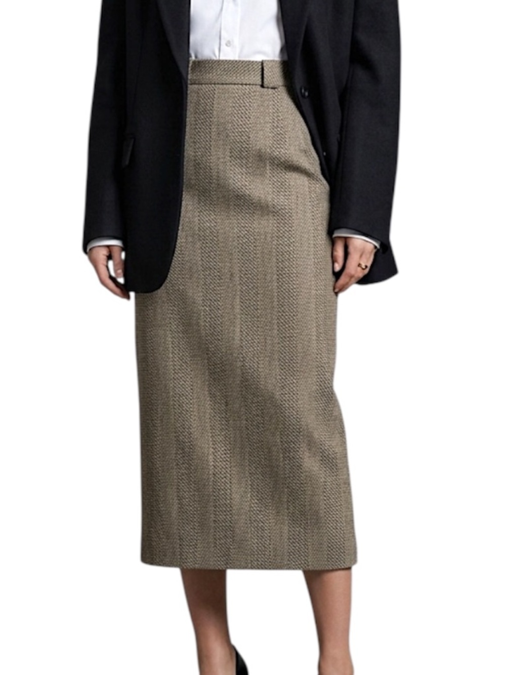 Vintage 80s 90s black brown tweed long fitted old money minimal pencil skirt 7